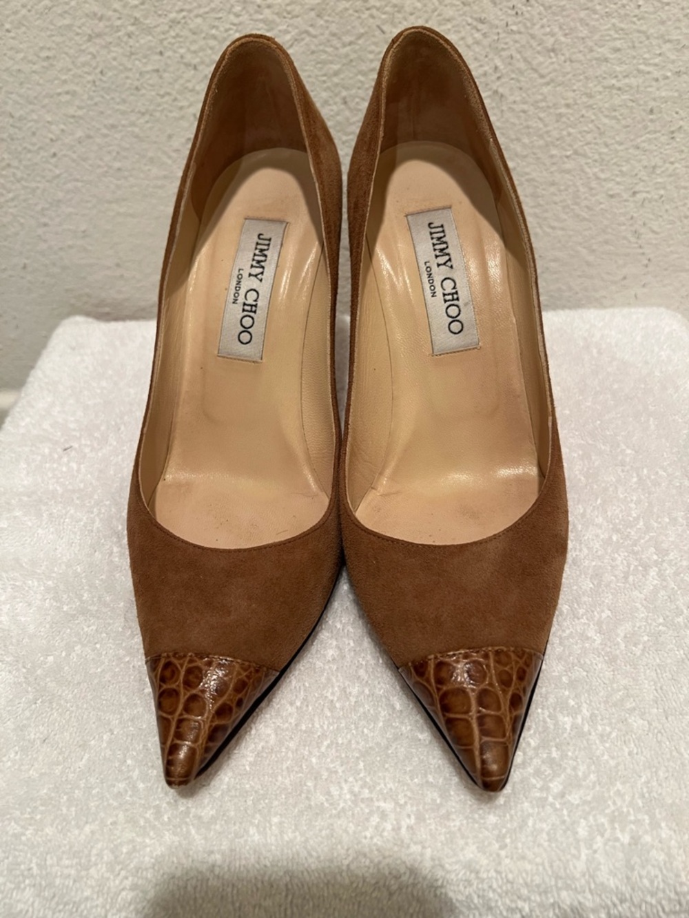 Jimmy Choo Brown Suede Pumps with Croc Toe Caps